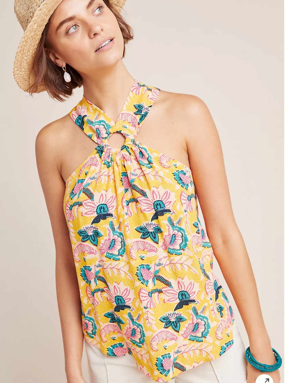 Anthropologie Maeve Mica Sleeveless Blouse Yellow Floral Halter Keyhole Tank